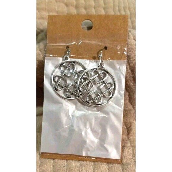 Silver Look Round Dangle Earrings Intertwined Hearts One Inch - Picture 4 of 4